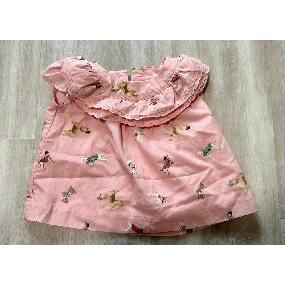 Janie and Jack Pink Dog‎ Print Ruffle Collar Baby Girl Dress 0-3 Months